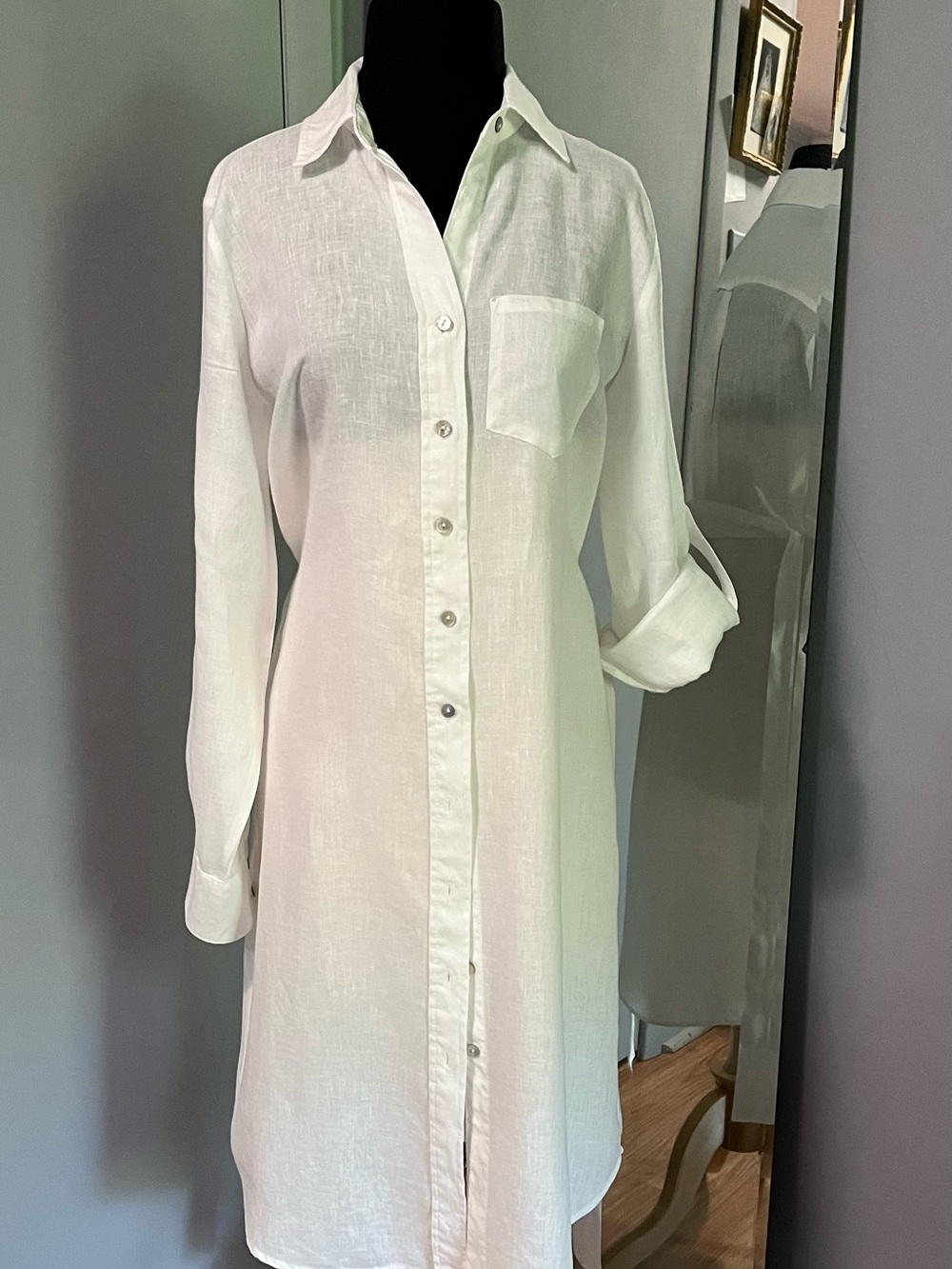 Magaschoni Crisp White Linen Shirt Dress with Tie Waist - Picture 6 of 7